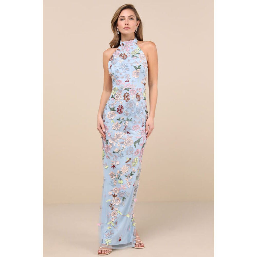 Lulus Infinite Praise Blue 3d Floral Embroidered Halter Maxi Dress - Size XL